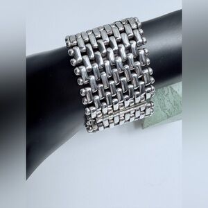 Vintage Rare Heavy Wide Sterling Silver Woven Mesh Link Bracelet w/Safety Latch